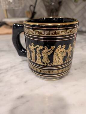 M Handmade in Greece 24k Gold and Black Ancient Greek Mythological Motif Mug